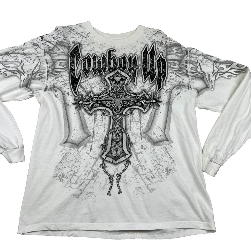 Cowboy Up Shirt Men XL White Cross Barbed Wire Western Flames Long Sleeve Jesus
